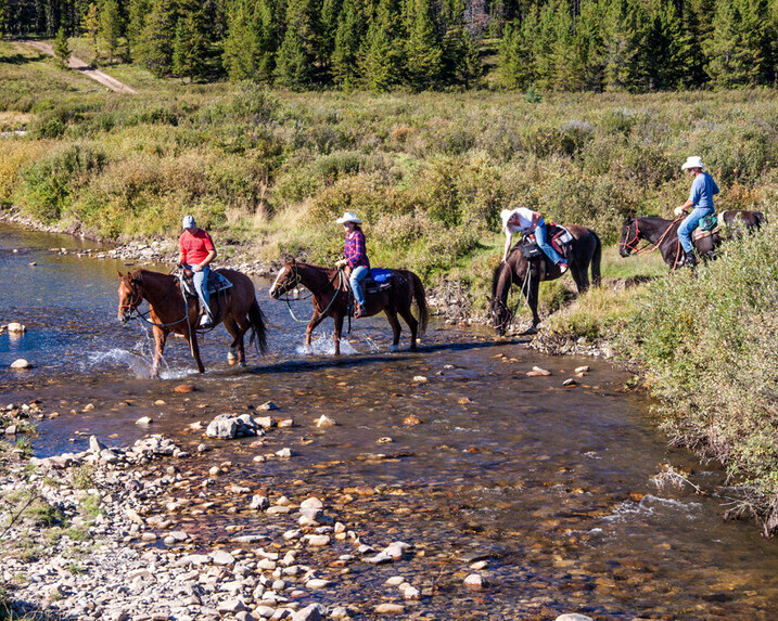 Horseback riders cross Elk Creek