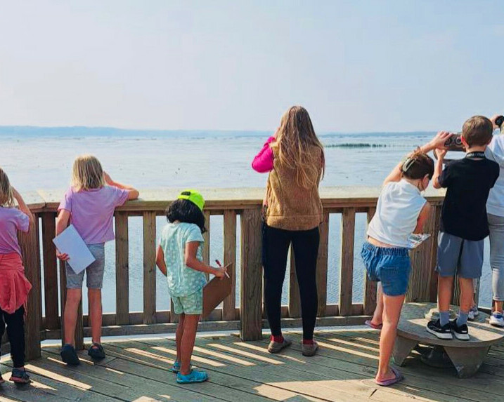 Children of various ages engaged in activity and faced away at the Big Lake viewing dock.