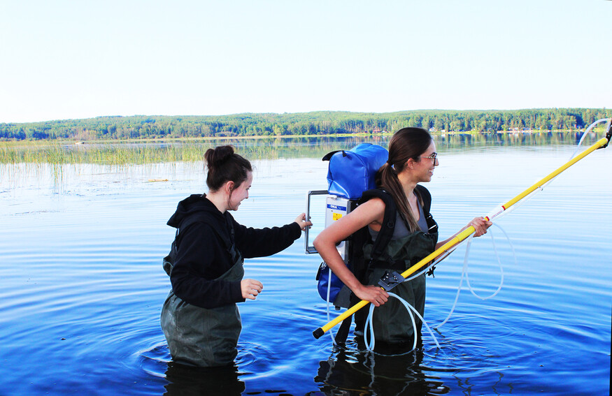 Summer Field Techs use eDNA backpack to sample for aquatic organisms. Photo credit: NSWA Staff.