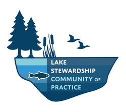 Lake Stewardship Community of Practice logo with trees and cattails, a fish and birds flying overhead.