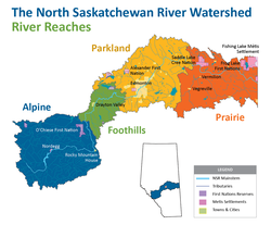 Map of the North Saskatchewan River Watershed's uses colour blocks to distinguish the 4 river reaches, from the headwaters to the border.