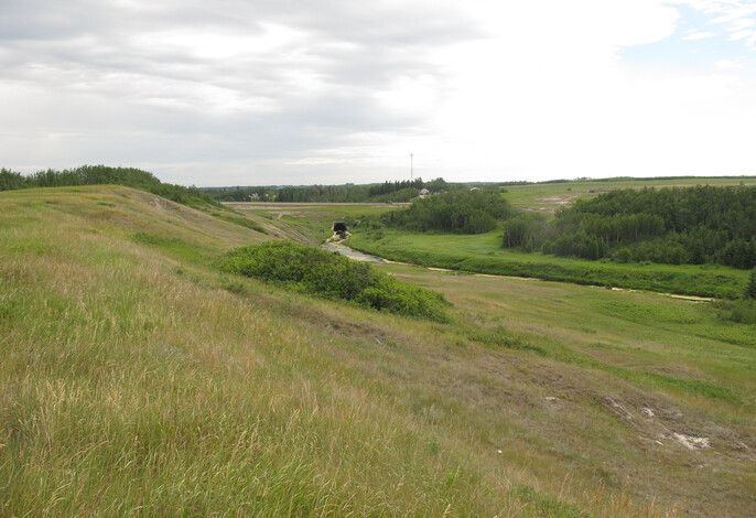 Grassland vista with Sturgeon River in the background and some badland outcroppings.