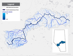 Map of the North Saskatchewan River Watershed's network of streams and tributaries, based on Strahler order.
