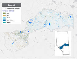 Map of Wetland Classes in the North Saskatchewan River watershed.