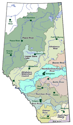 Map of Alberta's 11 Watershed Planning &amp; Advisory Councils (WPACs), from Milk River and Oldman Watershed Councils in the south to the Mighty Peace Watershed Alliance in the north.