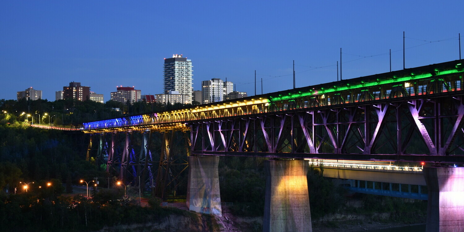 Edmonton's High Level Bridge displaying NSWA's brand colours.